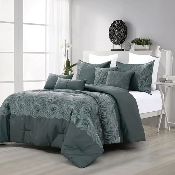 Queen Size 7 Piece Grey Waves Striped Soft Bedding Comforter Set