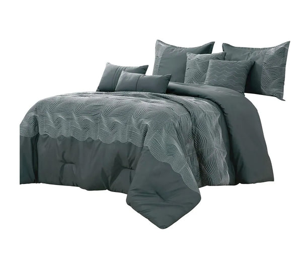 Queen Size 7 Piece Grey Waves Striped Soft Bedding Comforter Set