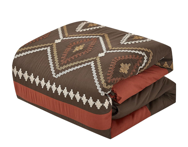 7 Piece Brown Burgundy Geometric Comforter Set Embroidery Soft Bedding