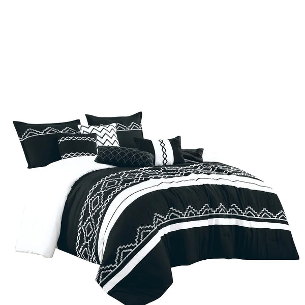 7 Piece Black White Geometric Striped  Comforter Set Embroidery Soft Bedding