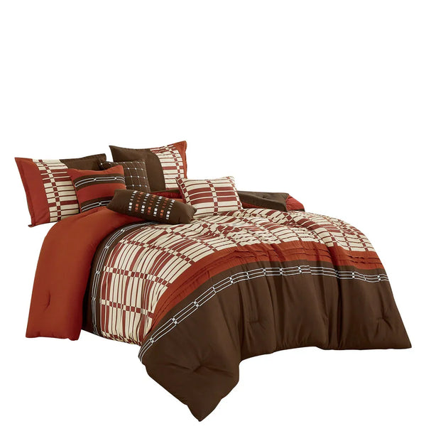 7 Piece Brown Burgundy Ivory Comforter Set Embroidery Soft Bedding