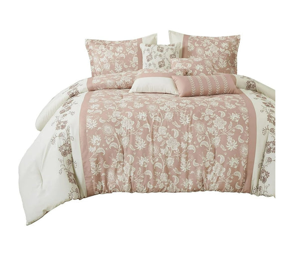 King Size 7 Piece Pink Beige Floral Comforter Set Soft Bedding