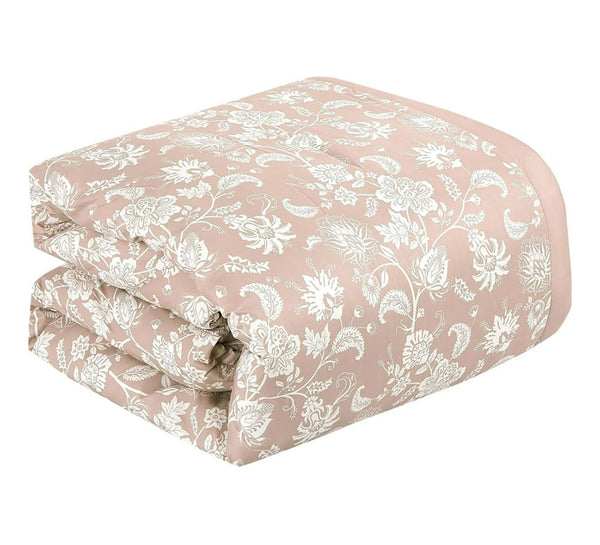 King Size 7 Piece Pink Beige Floral Comforter Set Soft Bedding