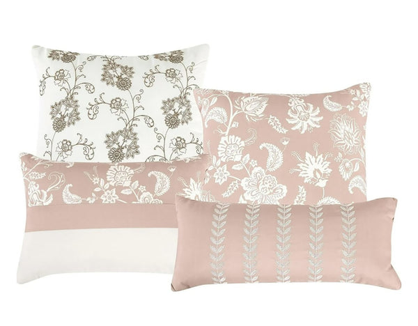 King Size 7 Piece Pink Beige Floral Comforter Set Soft Bedding