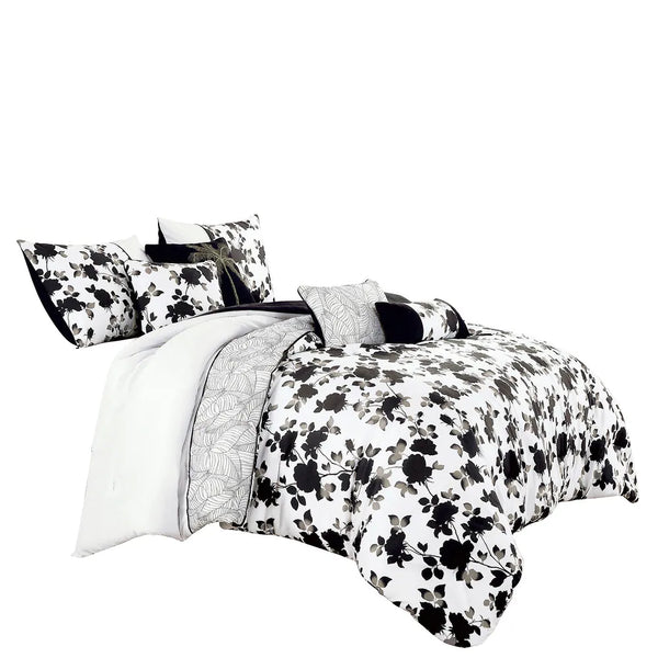 7 Piece White Black Floral Comforter Set Embroidery Soft Bedding