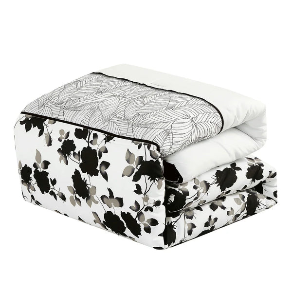7 Piece White Black Floral Comforter Set Embroidery Soft Bedding