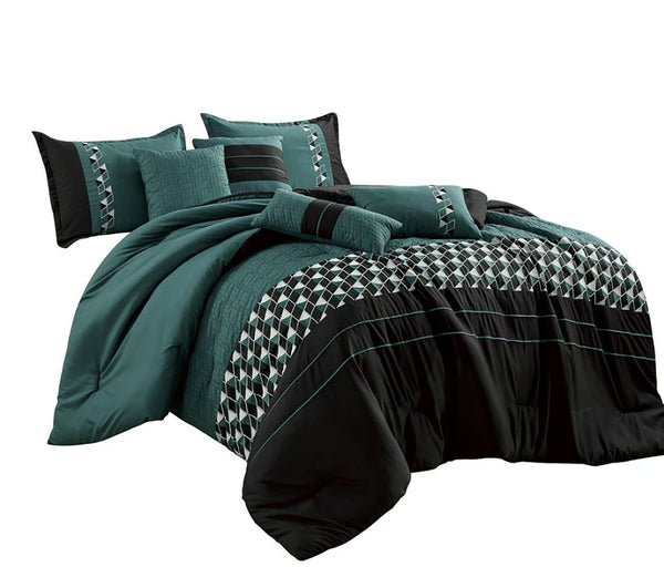 7 Piece Black Green Geometric Soft Bedding Comforter Set