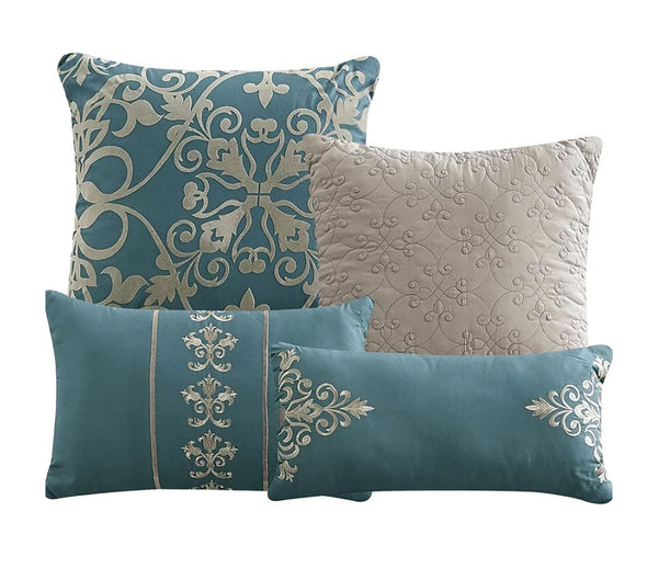 7 Piece Blue Damask Pattern Flocked Bedding Comforter Set