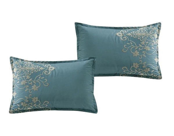 7 Piece Blue Damask Pattern Flocked Bedding Comforter Set
