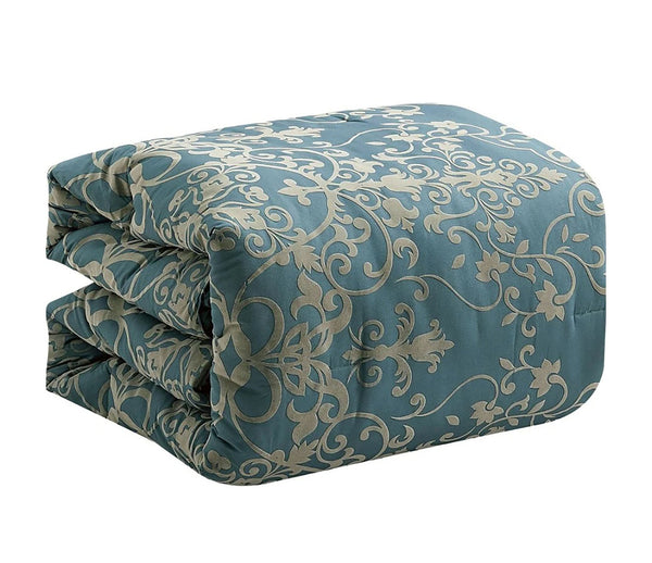 7 Piece Blue Damask Pattern Flocked Bedding Comforter Set