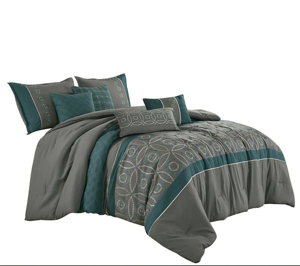 7 Piece Comforter Set Green Grey Embroidery Soft Bedding