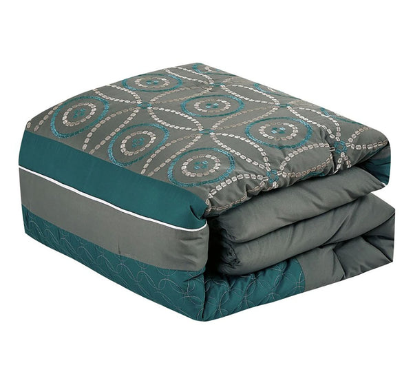7 Piece Comforter Set Green Grey Embroidery Soft Bedding