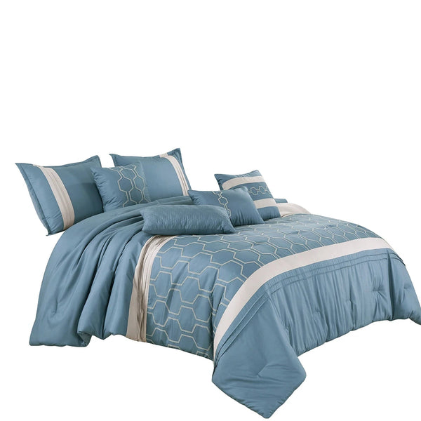 7 Piece Light Blue Ivory Striped Comforter Set Embroidery Soft Bedding