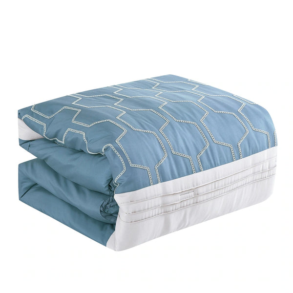 7 Piece Light Blue Ivory Striped Comforter Set Embroidery Soft Bedding