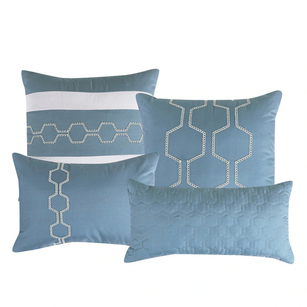 7 Piece Light Blue Ivory Striped Comforter Set Embroidery Soft Bedding