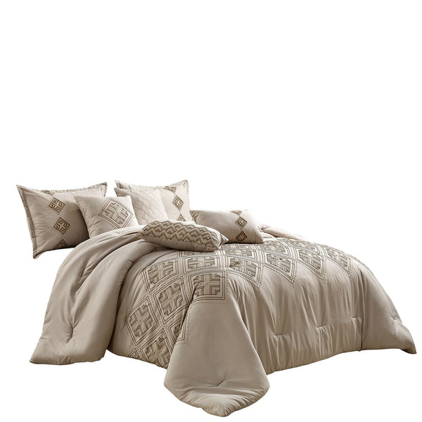 7 Piece Beige Geometric Comforter Set Embroidery Soft Bedding