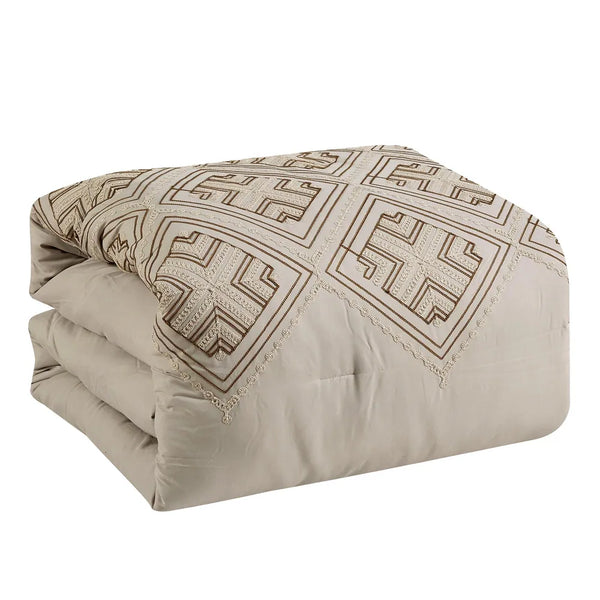 7 Piece Beige Geometric Comforter Set Embroidery Soft Bedding