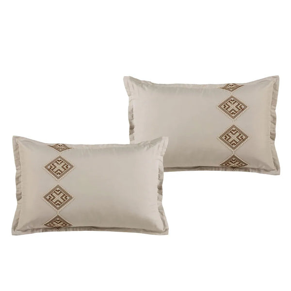 7 Piece Beige Geometric Comforter Set Embroidery Soft Bedding
