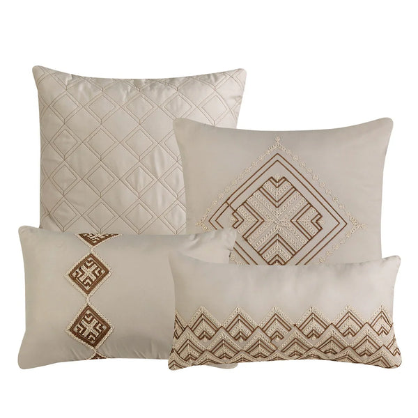 7 Piece Beige Geometric Comforter Set Embroidery Soft Bedding