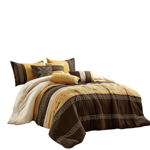 7 Piece Brown Gold Comforter Set Embroidery Soft Bedding