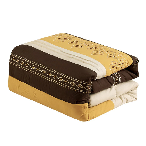 7 Piece Brown Gold Comforter Set Embroidery Soft Bedding