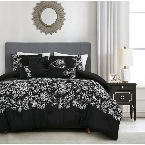 7 Piece Black & White Floral Comforter Set Embroidery Soft Bedding