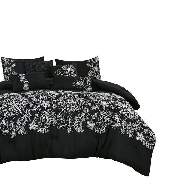 7 Piece Black & White Floral Comforter Set Embroidery Soft Bedding