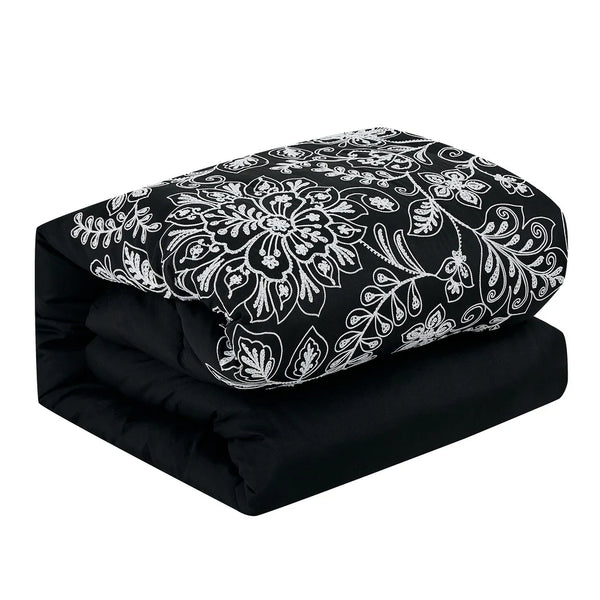 7 Piece Black & White Floral Comforter Set Embroidery Soft Bedding