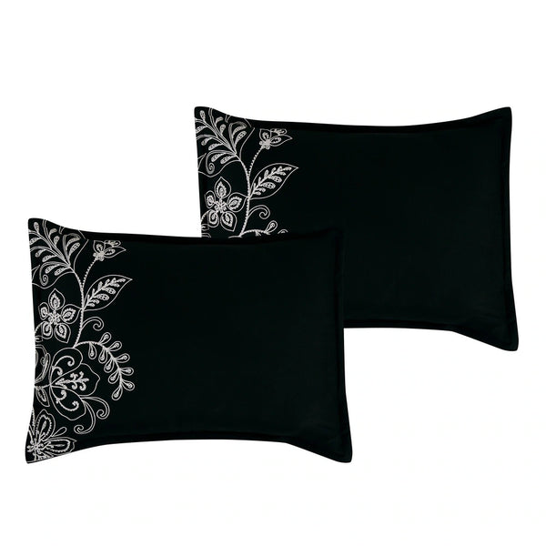 7 Piece Black & White Floral Comforter Set Embroidery Soft Bedding
