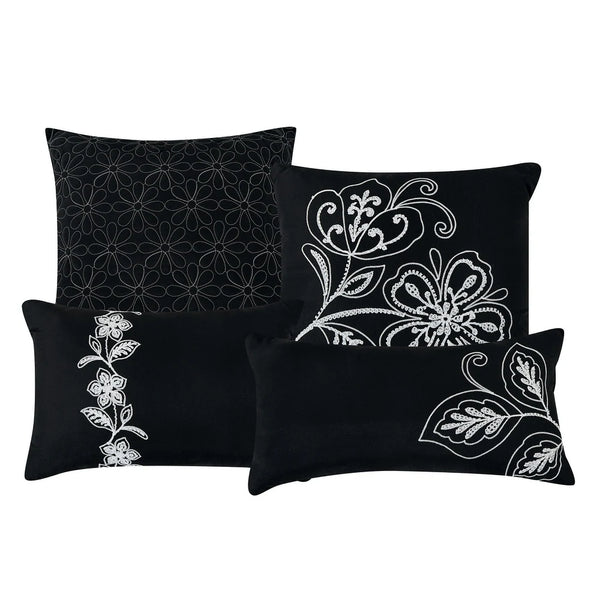 7 Piece Black & White Floral Comforter Set Embroidery Soft Bedding