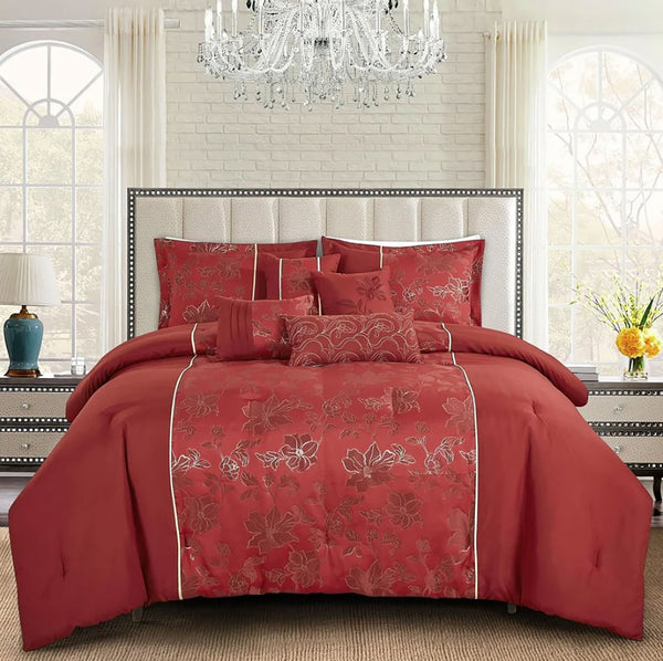 Queen Size 7 Piece Comforter Set Red Solid Floral Soft Bedding