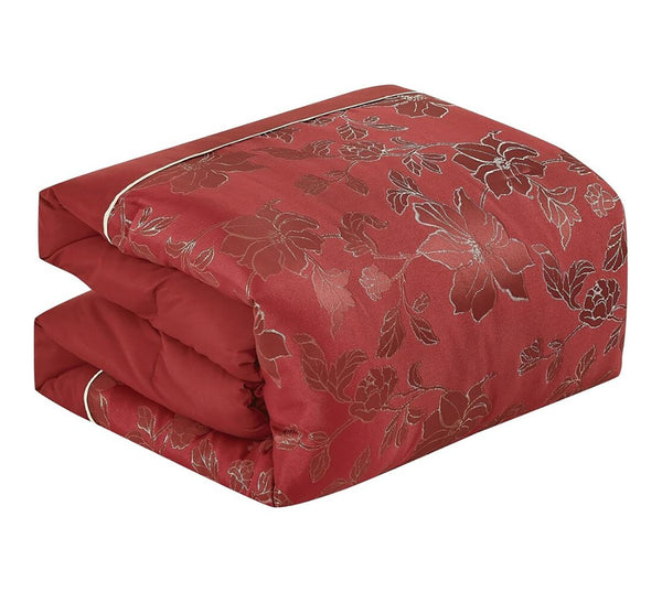 Queen Size 7 Piece Comforter Set Red Solid Floral Soft Bedding