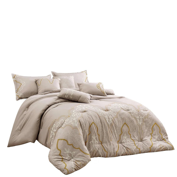 7 Piece Beige Comforter Set Embroidery Soft Bedding