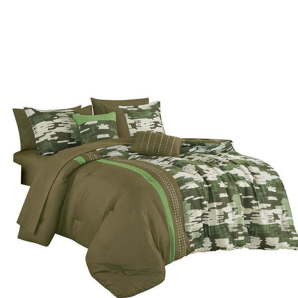 9 Piece Bed-in-a-Bag Green & White Camouflage Patteren Soft Bedding Comforter Set