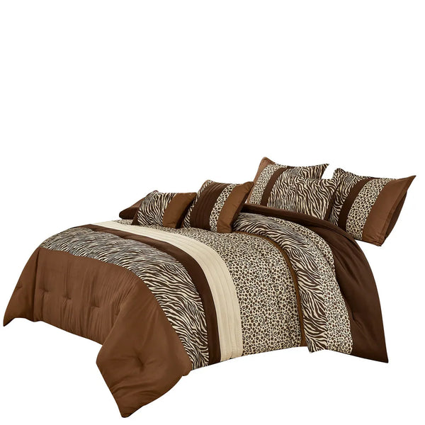6 Piece Brown Beige Animal Print Comforter Set Embroidery Soft Bedding