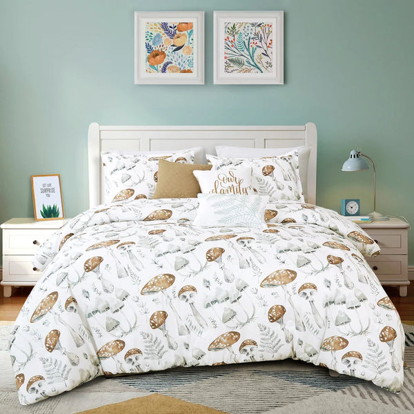 6 Piece White Gold Floral Comforter Set Embroidery Soft Bedding