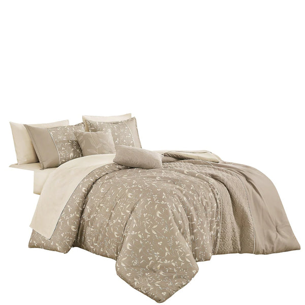 9 Piece Bed-in-a-Bag Beige & Off-White Geometric Soft Bedding Comforter Set