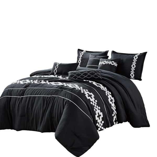 7 Piece Black White Boho Comforter Set Modern Embroidery Soft Bedding