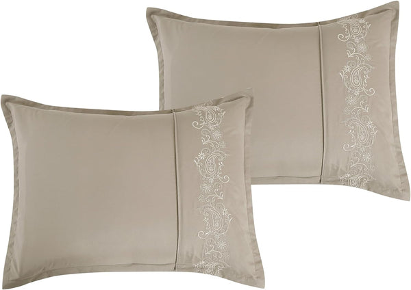 7 Piece Beige Paisley Geometric Comforter Set Embroidery Soft Bedding