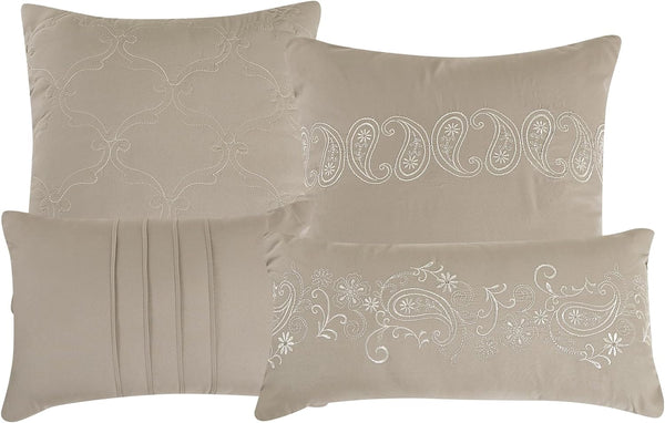 7 Piece Beige Paisley Geometric Comforter Set Embroidery Soft Bedding