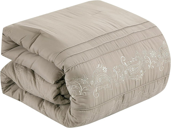 7 Piece Beige Paisley Geometric Comforter Set Embroidery Soft Bedding