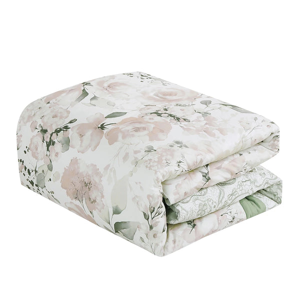 7 Piece White & Green Floral Comforter Set Embroidery Soft Bedding