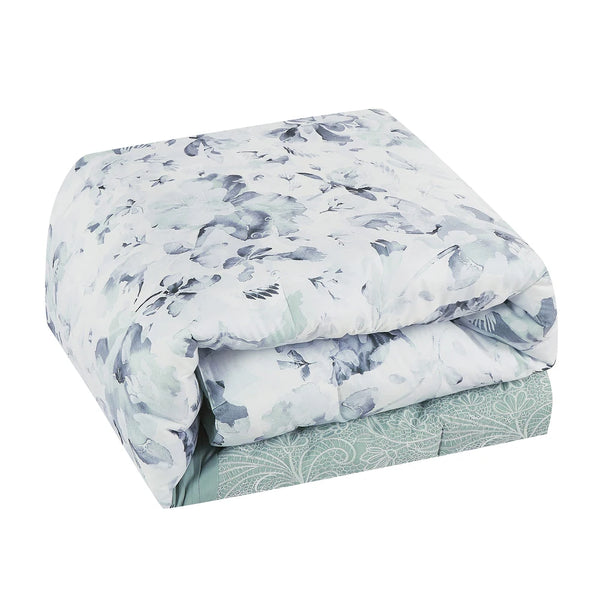 7 Piece Teal Floral Comforter Set Embroidery Soft Bedding