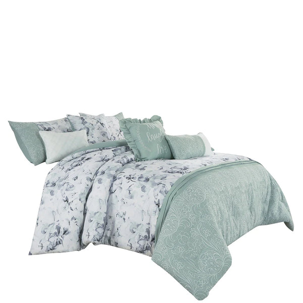 7 Piece Teal Floral Comforter Set Embroidery Soft Bedding