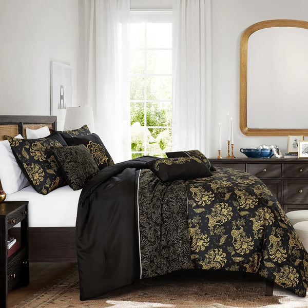 7 Piece Black & Gold Floral Comforter Set Embroidery Soft Bedding