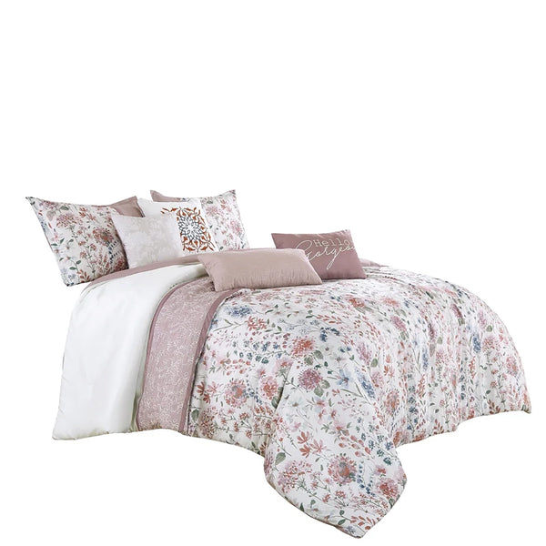 7 Piece Pink Floral Comforter Set Embroidery Soft Bedding