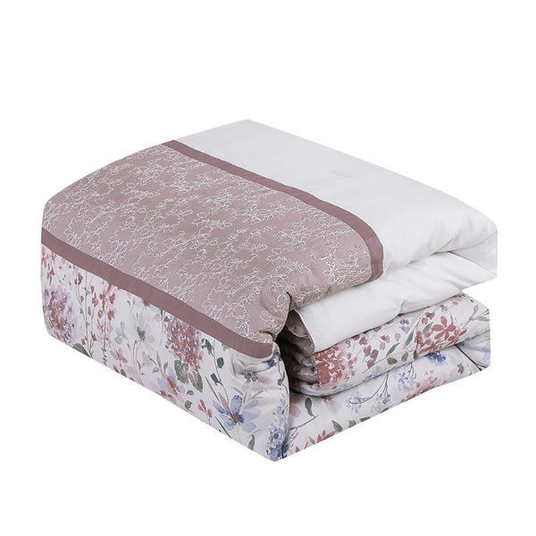 7 Piece Pink Floral Comforter Set Embroidery Soft Bedding