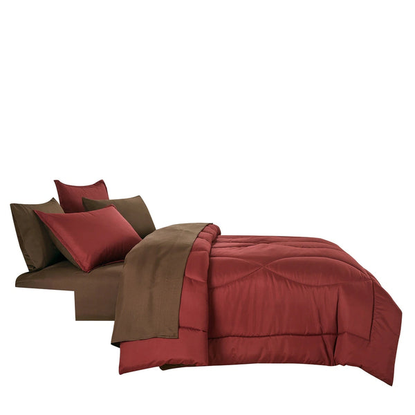 7 Piece Burgundy & Brown Solid Comforter Set Soft Bedding