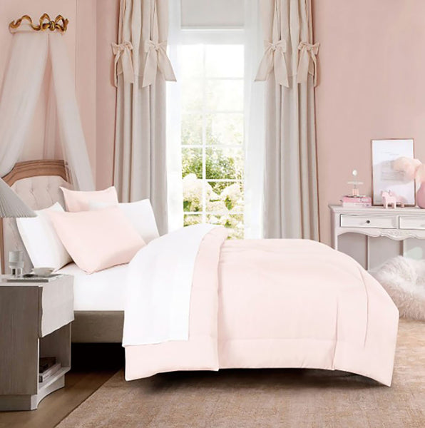 7 Piece Pink & White Solid Comforter Set Soft Bedding