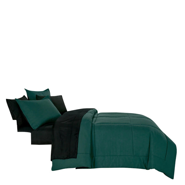 7 Piece Hunter Green & Black Solid Comforter Set Soft Bedding